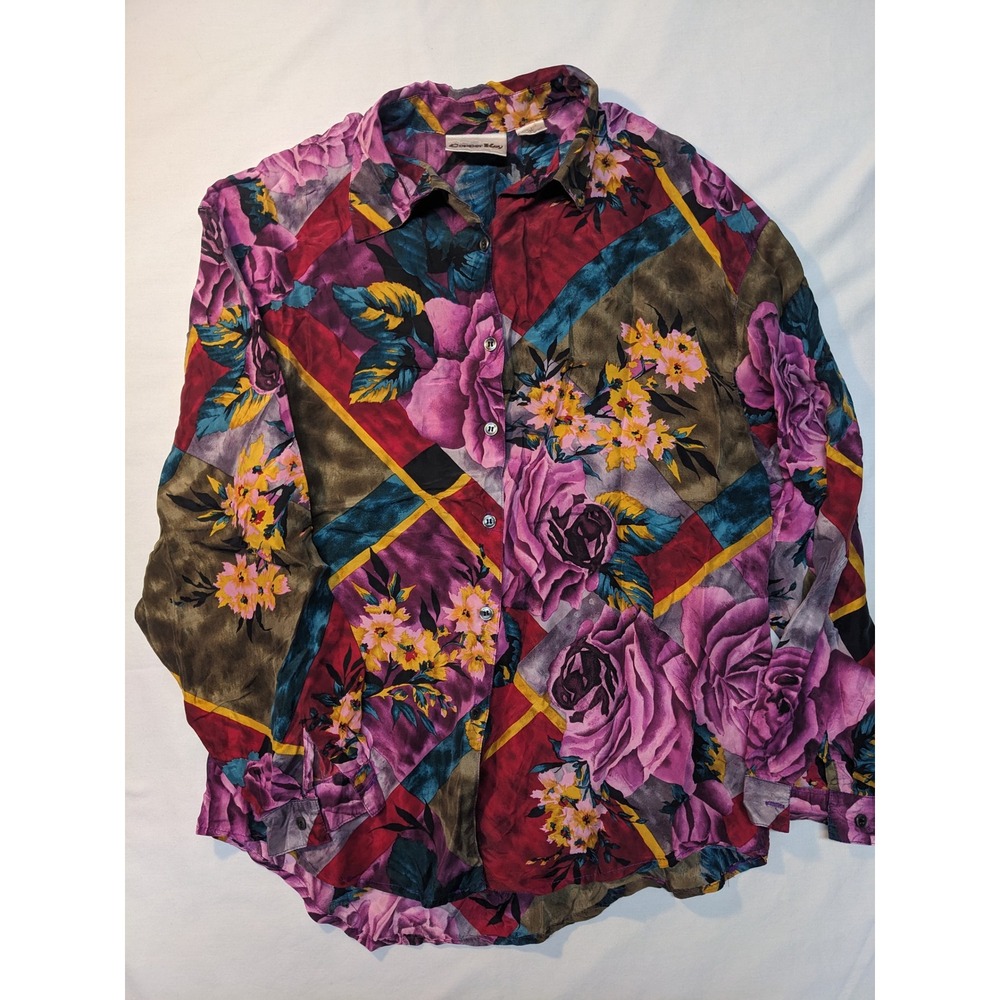 Copper Key Silk Floral Patchwork Button Down Shir… - image 1